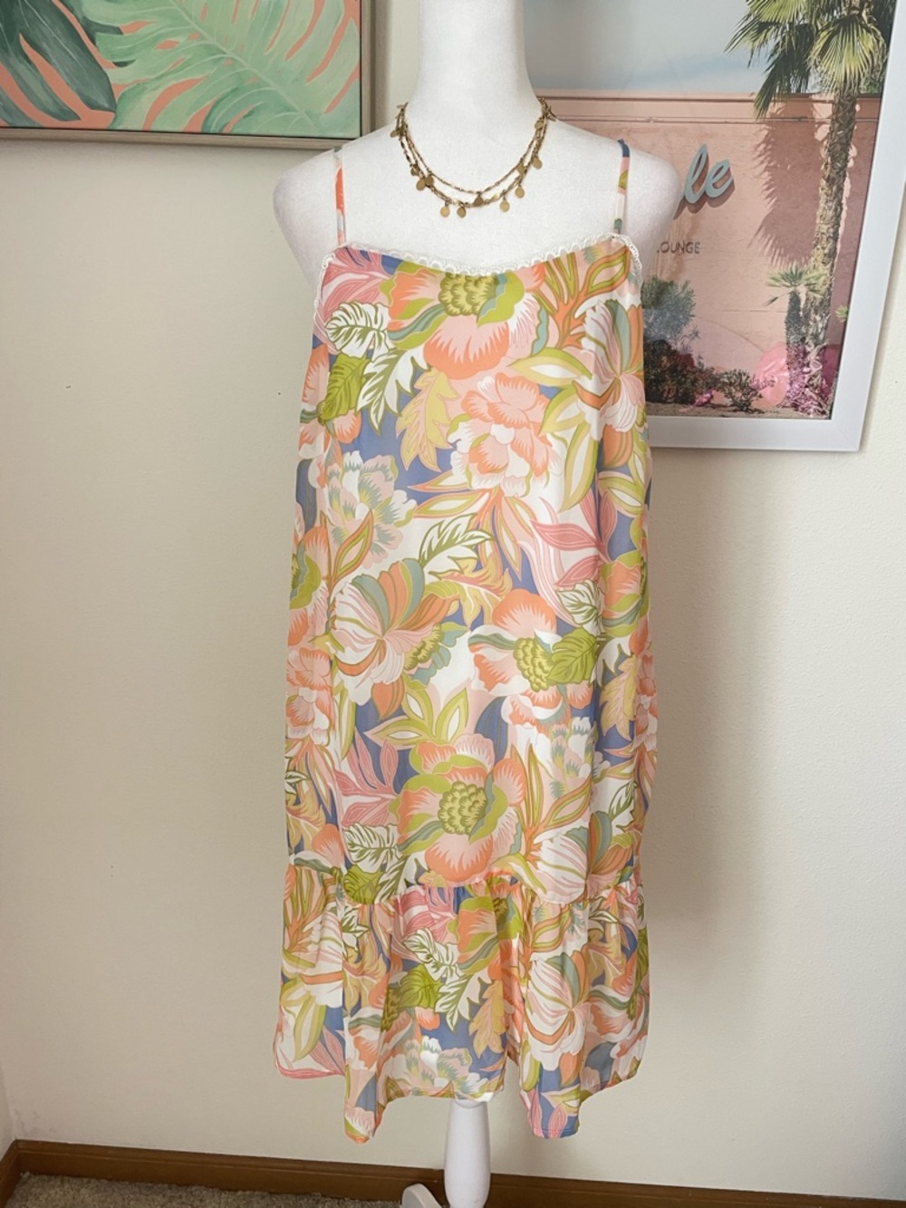 Aqua Picot Floral Chiffon Ruffle Hem Mini Dress Size Medium New Bloomingdale’s